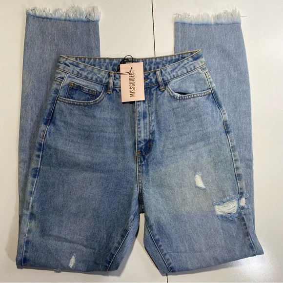 Missguided Light Blue Distressed High Waisted Straight Thigh Slash Jeans NWT 4L - Picture 7 of 16